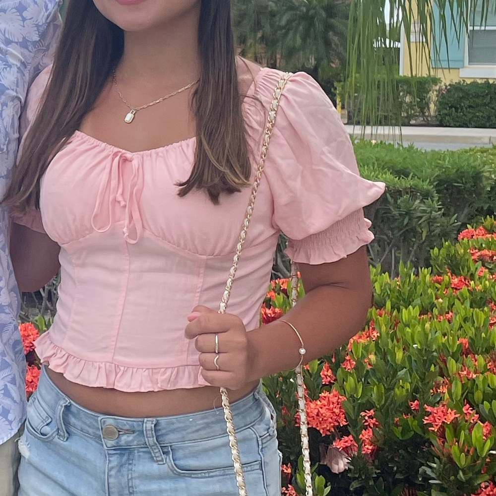 Pink Puff Sleeve Crop Top size small